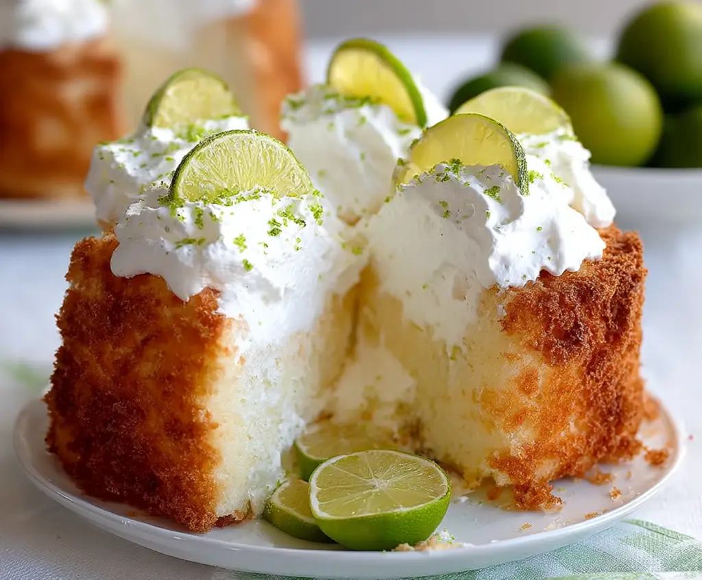 Delicious Key Lime Angel Food Cake topped with whipped cream and lime zest.