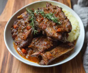 Juicy braised pork ribs with caramelized glaze served on a rustic plate.