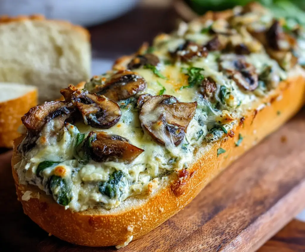 Delicious Cheesy Spinach, Artichoke, and Mushroom Stuffed Baguette, perfect for a flavorful appetizer.