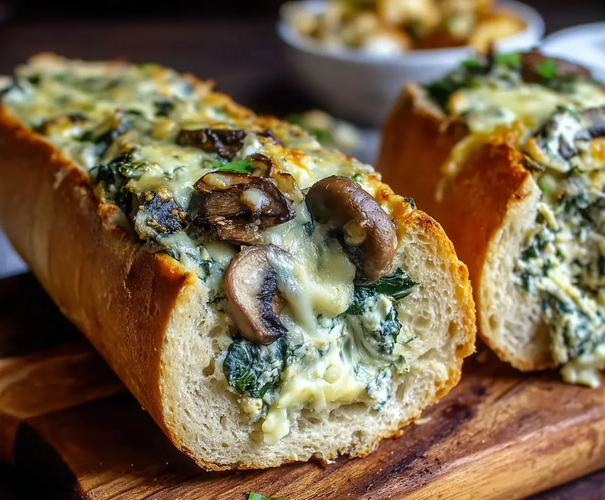 Cheesy Spinach Artichoke & Mushroom Stuffed Baguette