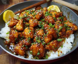 Savory Chinese Honey Garlic Chicken served with steamed vegetables on a white plate.