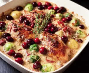 Delicious Creamy Cranberry Chicken served with fresh herbs and vibrant cranberries.