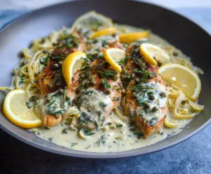 Creamy Lemon Caper Chicken dish garnished with fresh herbs on a white plate.