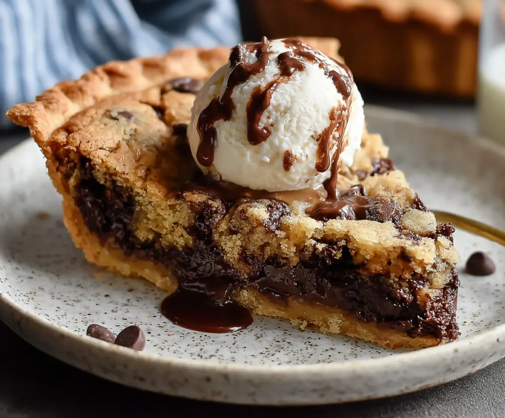Delicious homemade chocolate chip cookie pie with melted chocolate and golden crust, perfect for dessert.