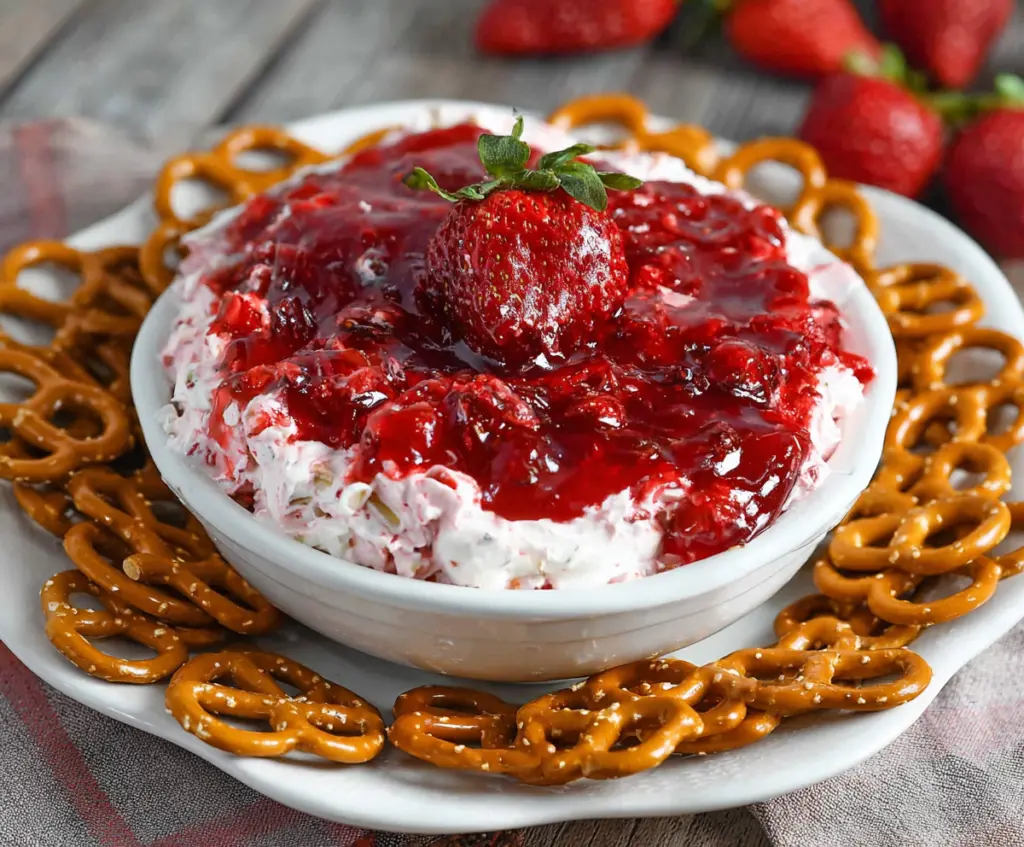 Delicious Easy Strawberry Pretzel Salad Dip with fresh strawberries and creamy topping for a cool summer treat.
