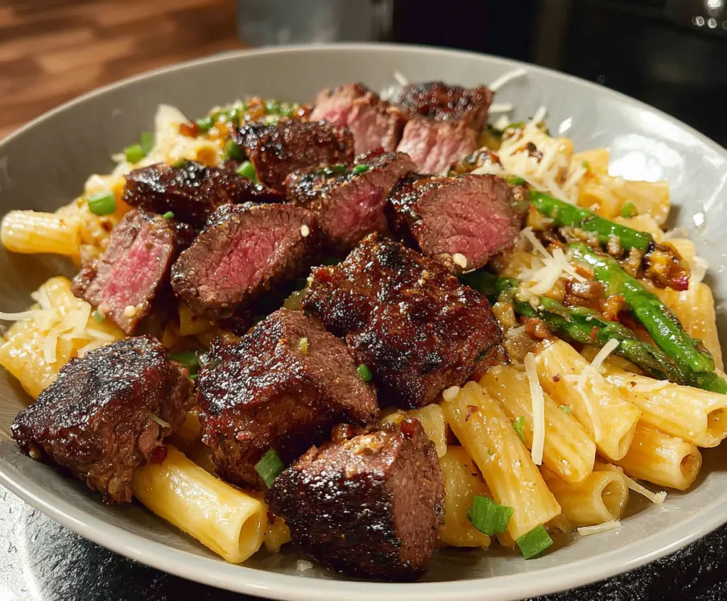 Delicious garlic butter steak bites served with cheesy mozzarella rigatoni pasta.