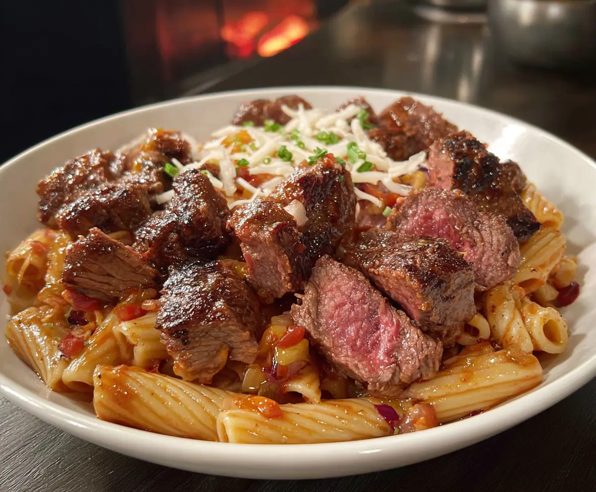Garlic Butter Steak Bites with Cheesy Mozzarella Rigatoni