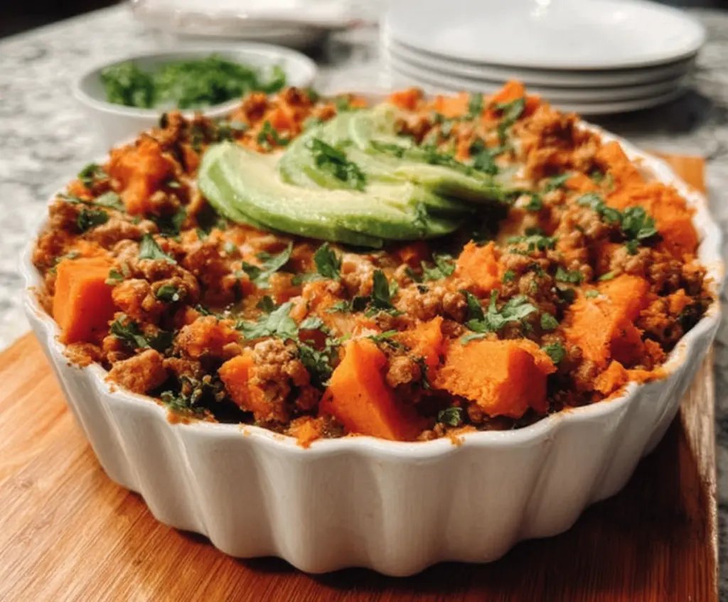 Delicious ground turkey and sweet potato bake ready to serve, healthy dinner option