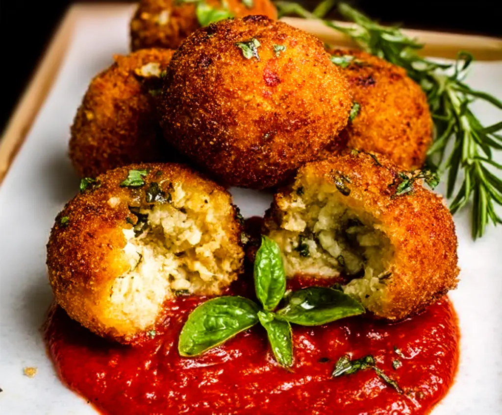 Delicious Italian Rice Balls garnished with fresh herbs on a rustic plate