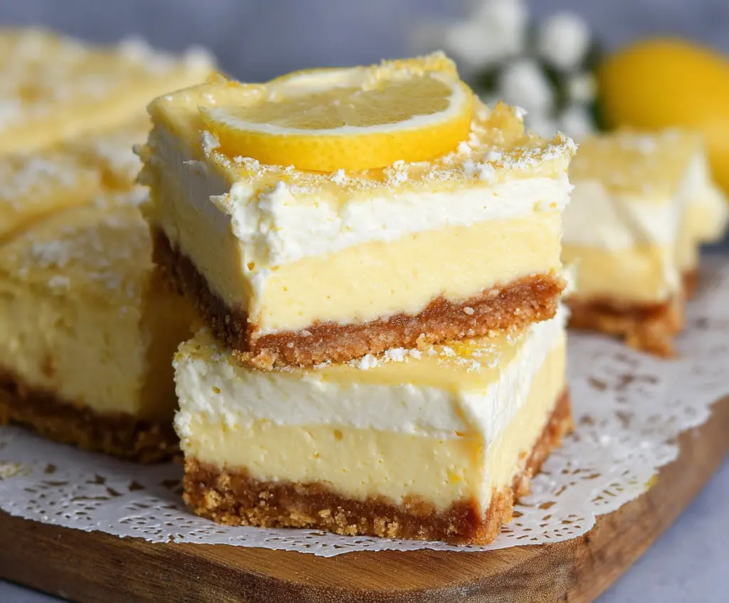 Delicious keto lemon cheesecake bars with a creamy texture and lemon glaze on top.