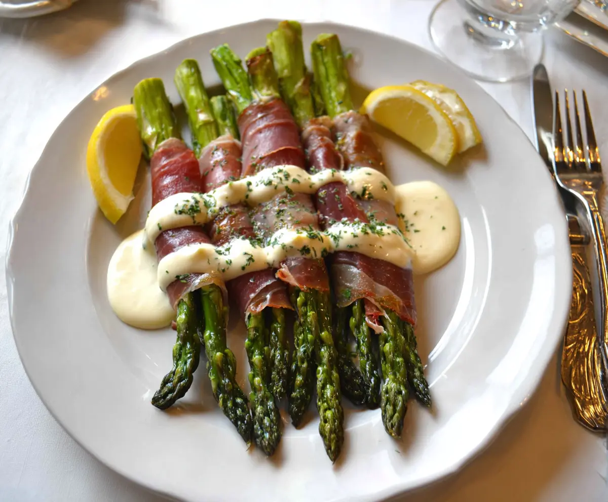 Prosciutto-Wrapped Asparagus with Lemon Cream Sauce