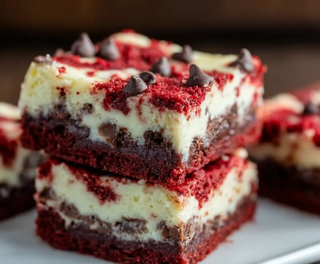Delicious Red Velvet Cheesecake Bars with chocolate chips on a rustic wooden table.