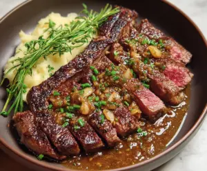 Juicy ribeye steak topped with a flavorful roasted garlic pan sauce, perfect for a gourmet dinner.