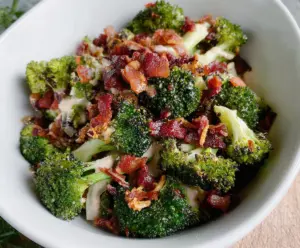 Delicious roasted broccoli and crispy bacon crunch salad, perfect for a healthy meal.