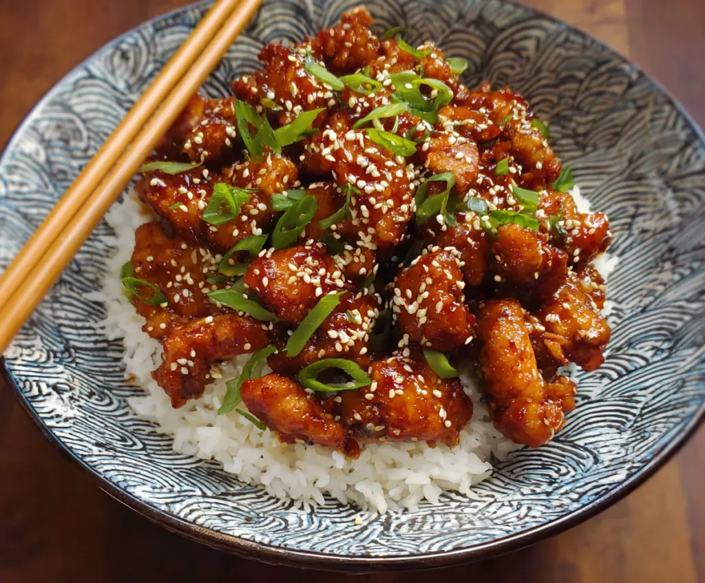 Delicious sesame chicken stir-fry served on a white plate with sesame seeds and green garnish.