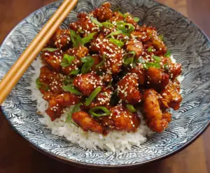 Delicious sesame chicken stir-fry served on a white plate with sesame seeds and green garnish.