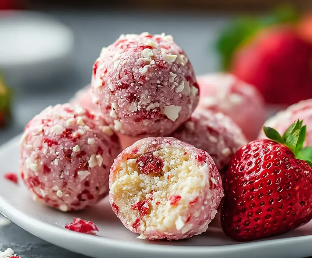 Delicious homemade strawberry cheesecake protein balls on a white plate, perfect for a healthy snack.