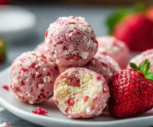 Delicious homemade strawberry cheesecake protein balls on a white plate, perfect for a healthy snack.