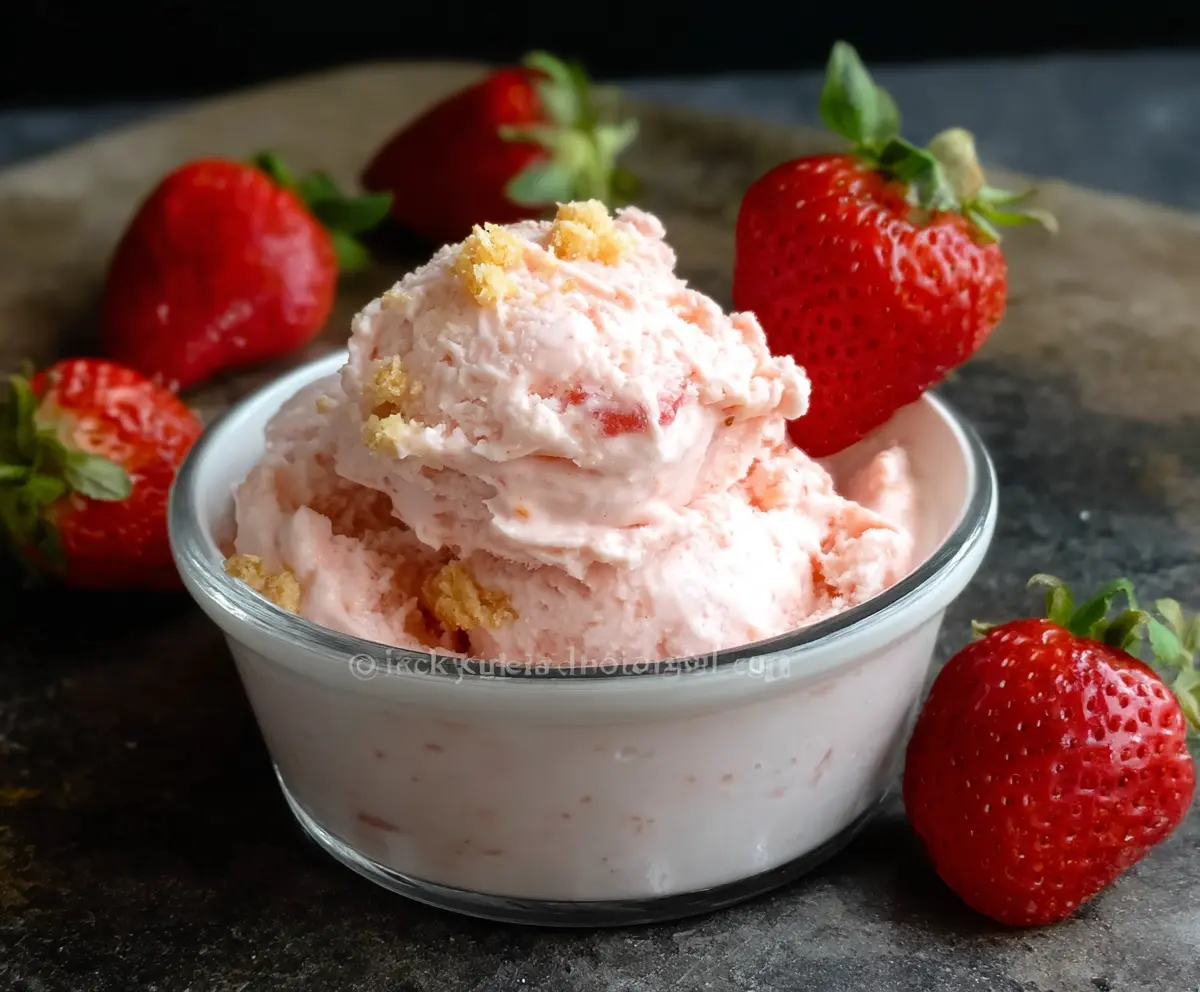 Creamy strawberry cottage cheese ice cream served in a bowl, highlighting high protein and low carb benefits.