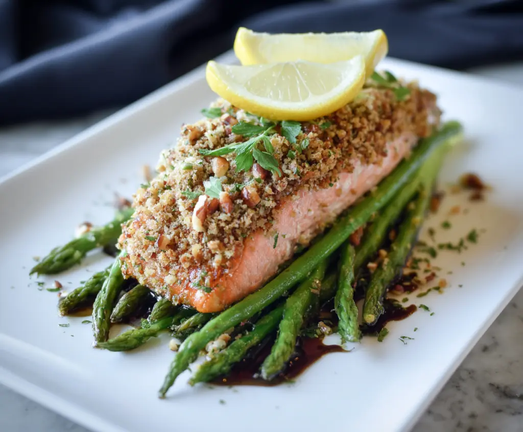 Delicious Walnut Crusted Salmon served with fresh herbs and lemon slices