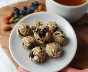 Healthy blueberry almond energy bites in a bowl, perfect for snacking and boosting energy.