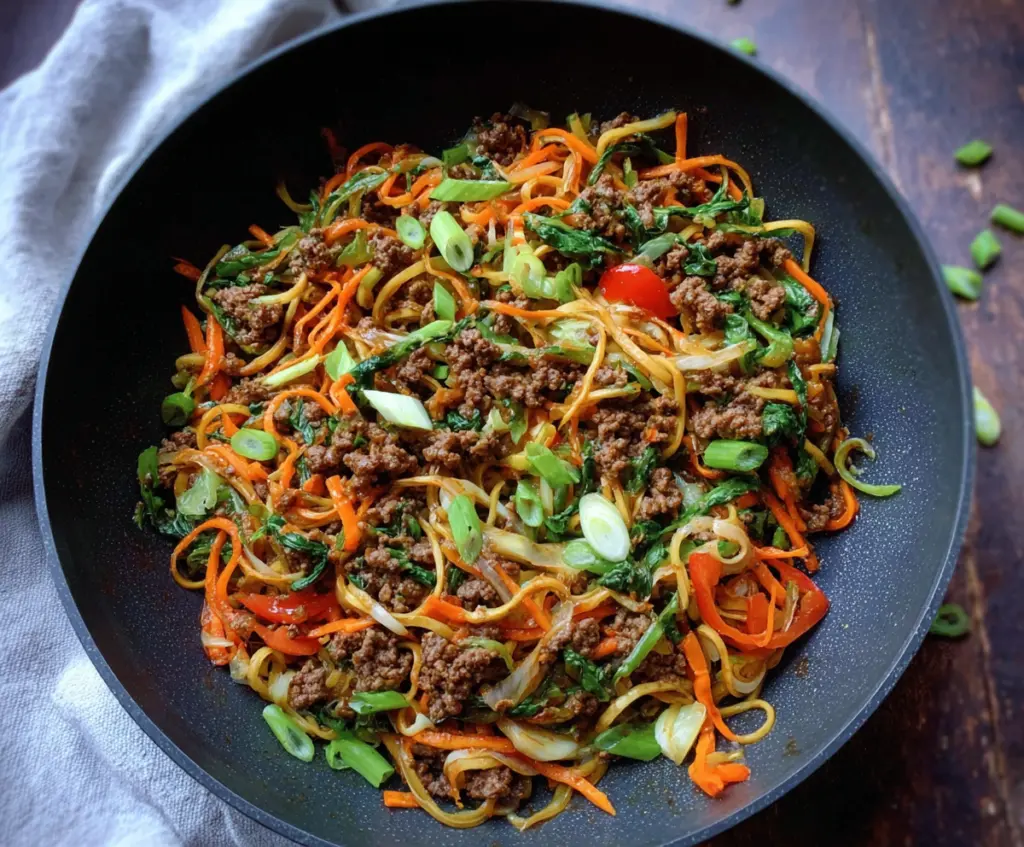 Delicious Ground Beef Chow Mein served in a bowl, featuring crispy vegetables and tender meat perfect for a Whole30 diet.