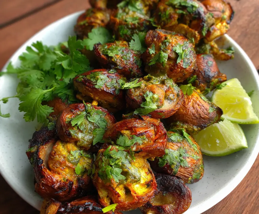 Delicious Mushroom Tikka Skewers served fresh off the grill, perfect for a vegetarian barbecue.