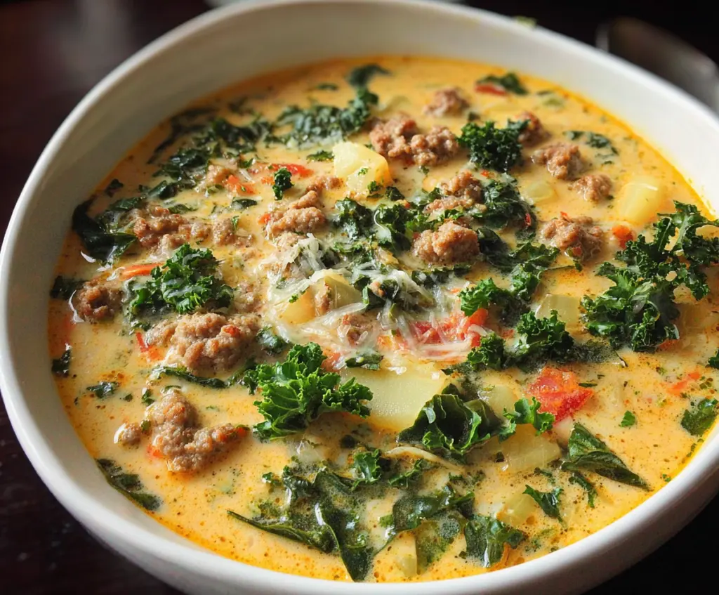 Delicious Paleo Creamy Dreamy Sausage and Kale Soup in a bowl, showcasing fresh ingredients and rich textures.