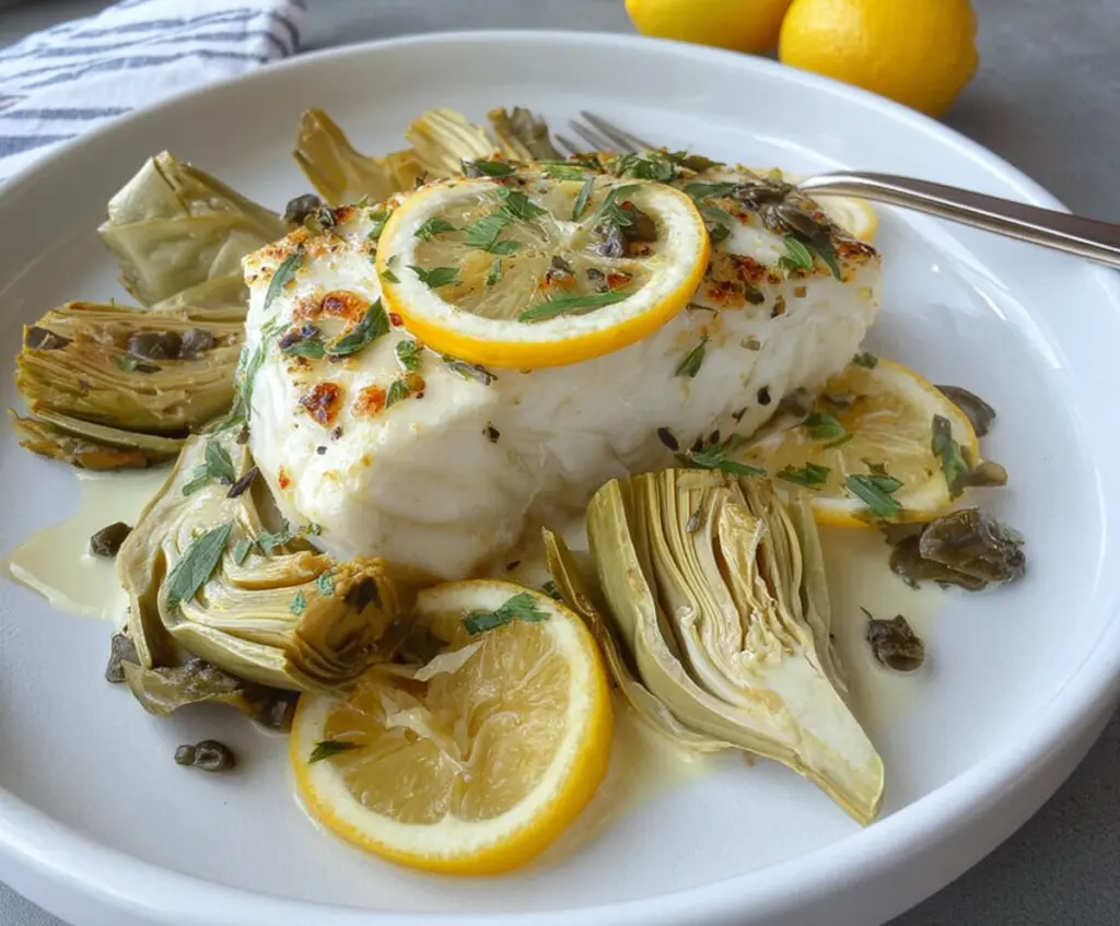 Delicious roasted halibut served with artichokes and lemon slices, perfect for a healthy gourmet meal.