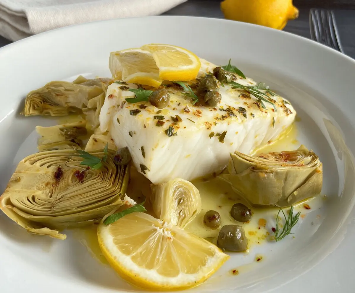 Roasted Halibut With Artichokes And Lemon