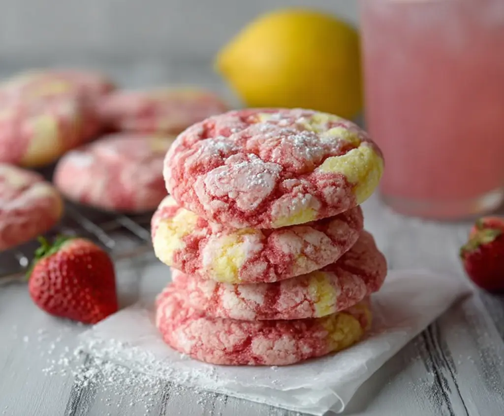 Delicious homemade strawberry lemonade cookies with fresh strawberries and a zesty lemon flavor.