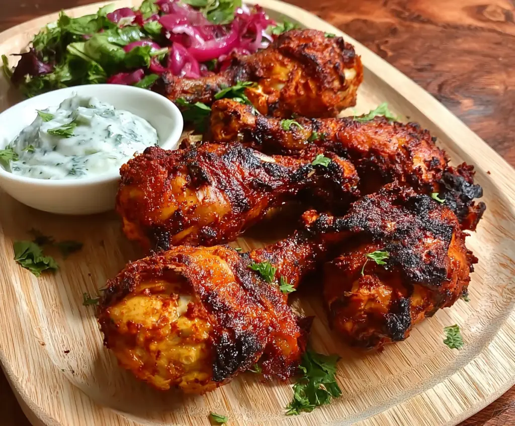 Juicy tandoori chicken drumsticks garnished with fresh herbs on a plate