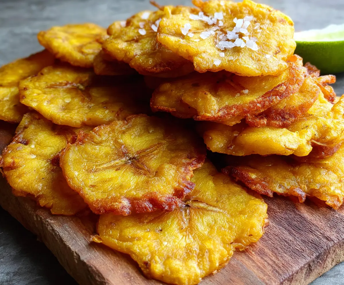 Crispy golden tostones made from fried sliced green plantains on a wooden platter.
