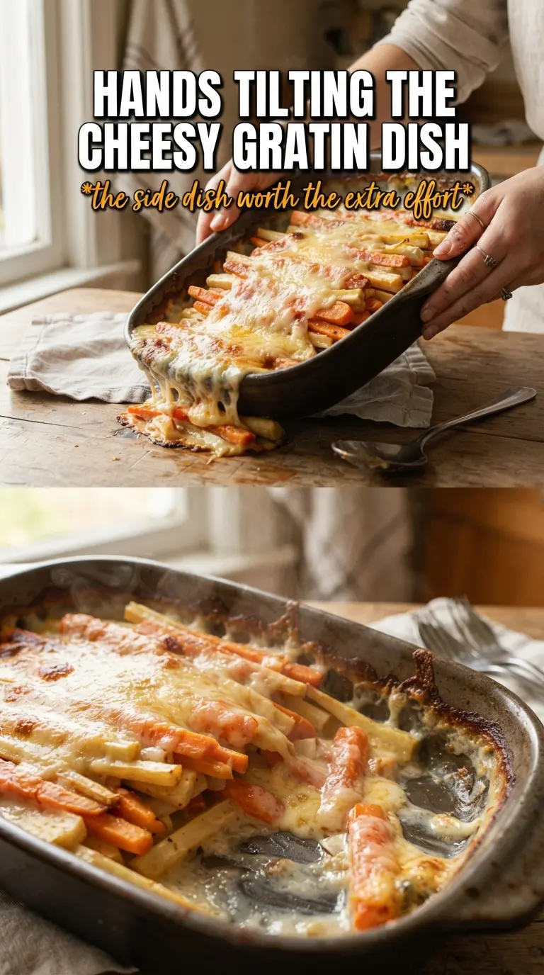 Cheesy Root Vegetable Gratin with golden bubbling crust