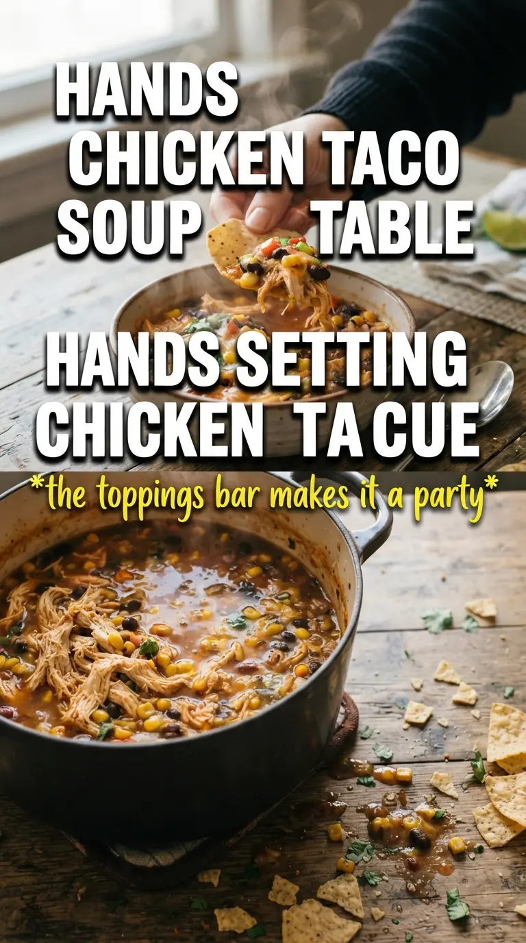Chicken Taco Soup golden broth, shredded chicken, toppings