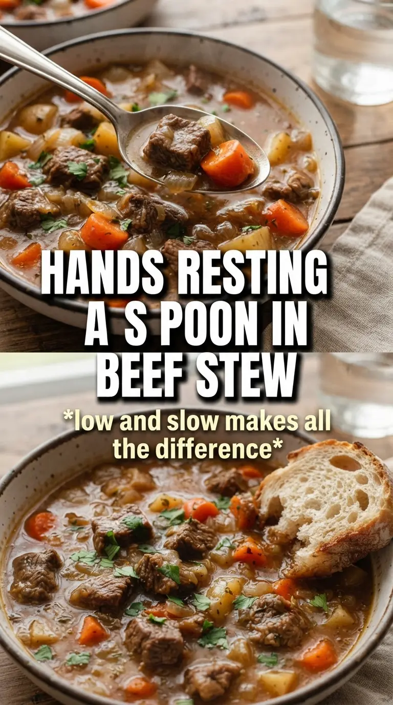 Beef Stew deep mahogany broth, tender chunks, hearty vegetables