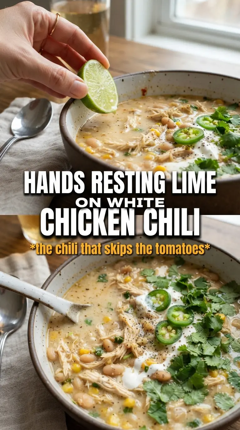 White chicken chili creamy golden broth, shredded chicken, pepper jack
