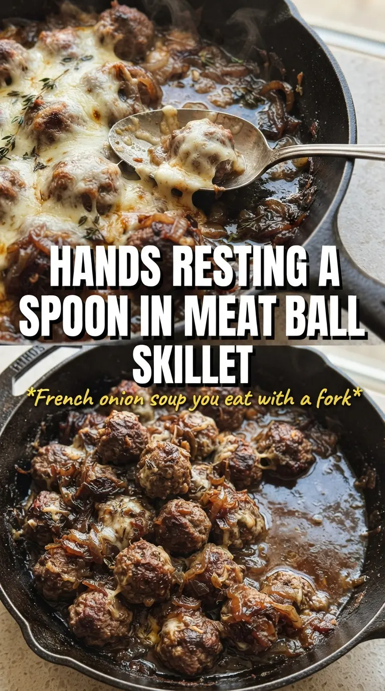 French Onion Meatball Skillet caramelized onions, Gruyere, one-pan
