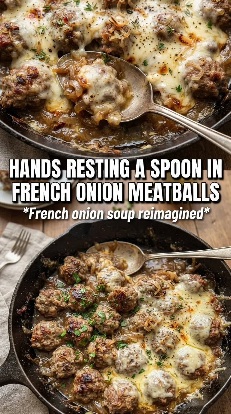 French Onion Meatballs caramelized onions cheesy baked