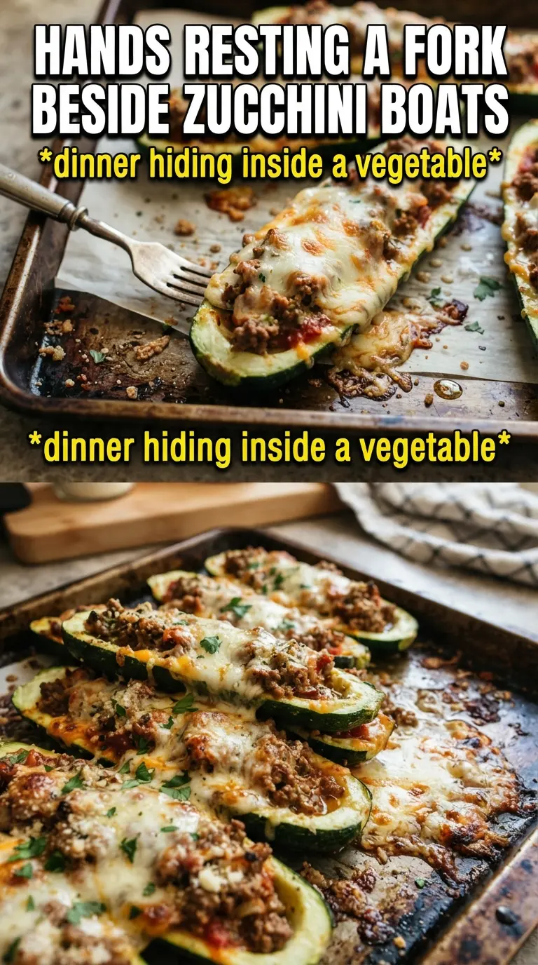 Ground Beef Zucchini Boats with melted cheese, basil, and marinara