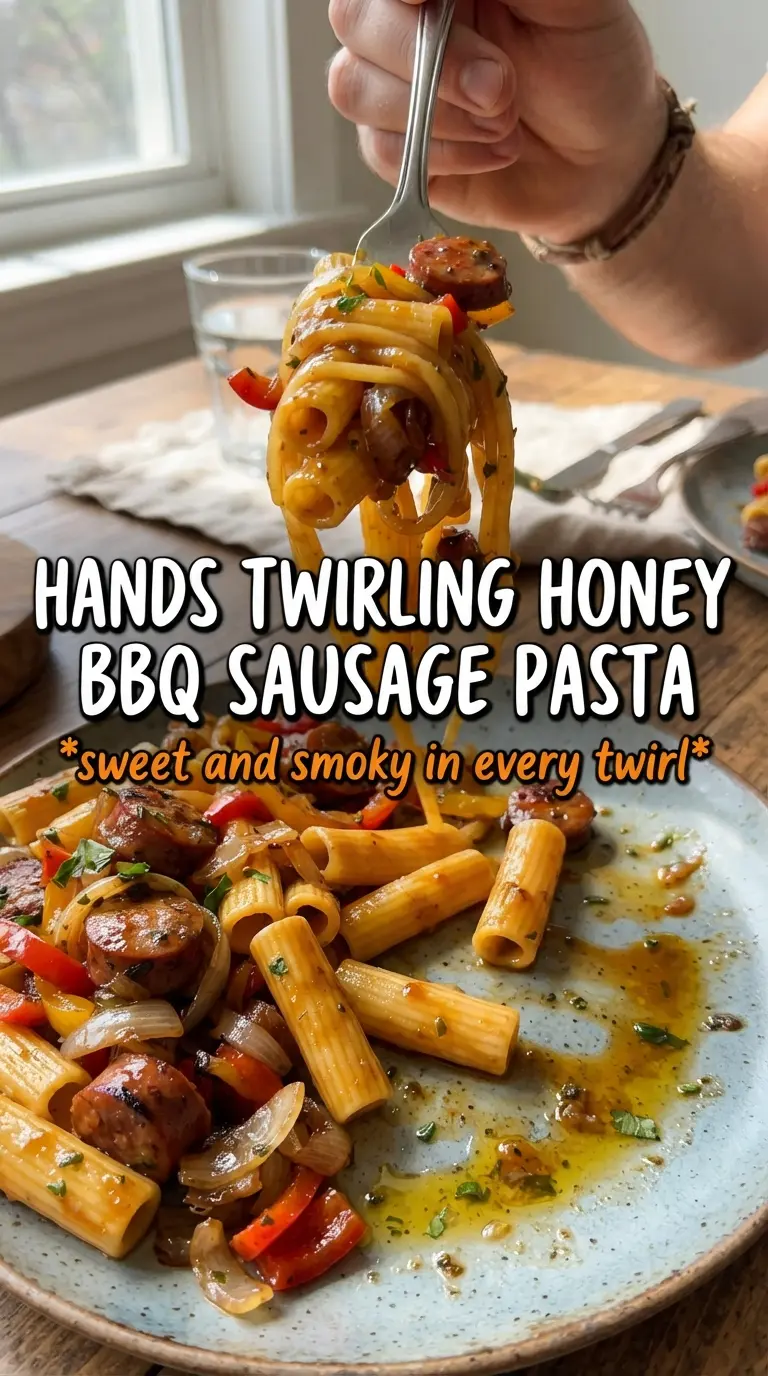 Honey BBQ Sausage Pasta sticky glossy cheesy