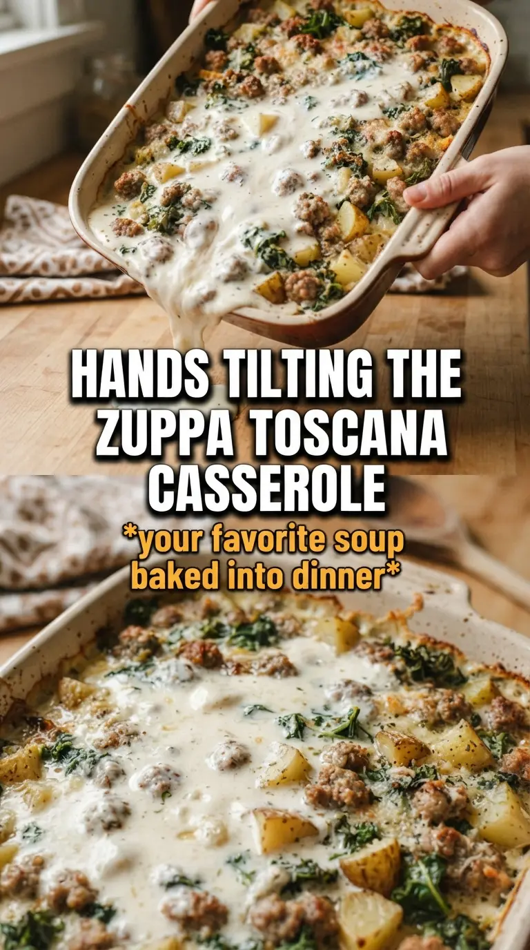 Italian Zuppa Toscana Casserole creamy potatoes, sausage, kale