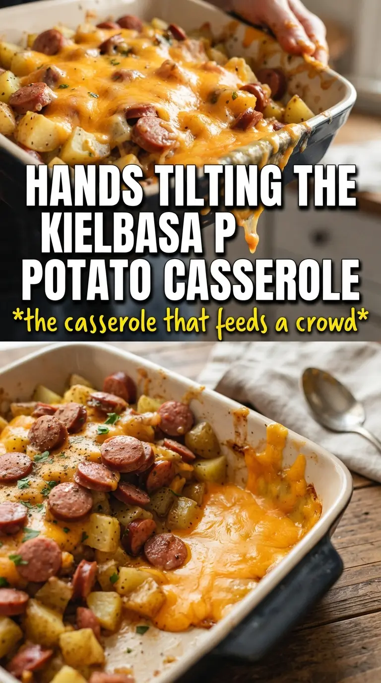 Kielbasa Sausage Cheesy Potato Casserole, golden, creamy, hearty