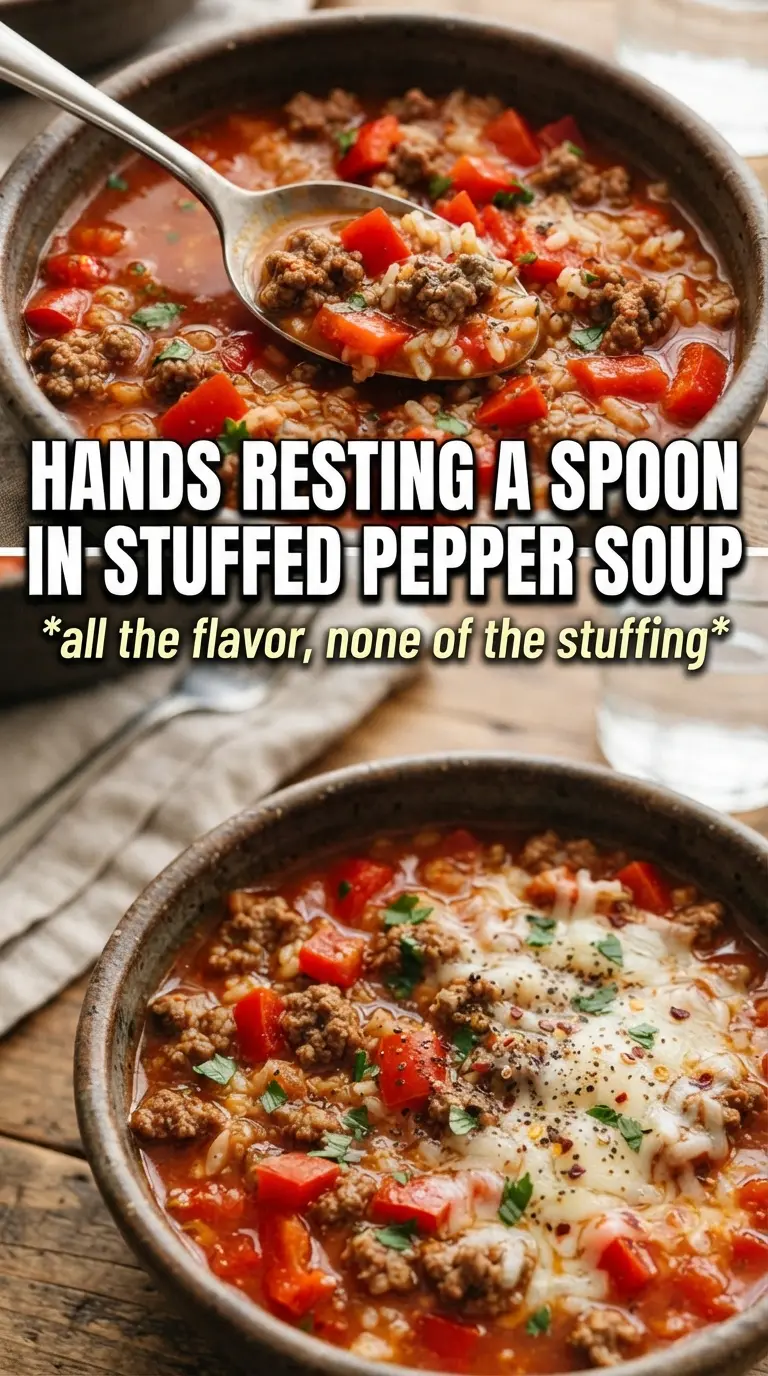 Stuffed Peppers Soup with tomato broth, beef, rice